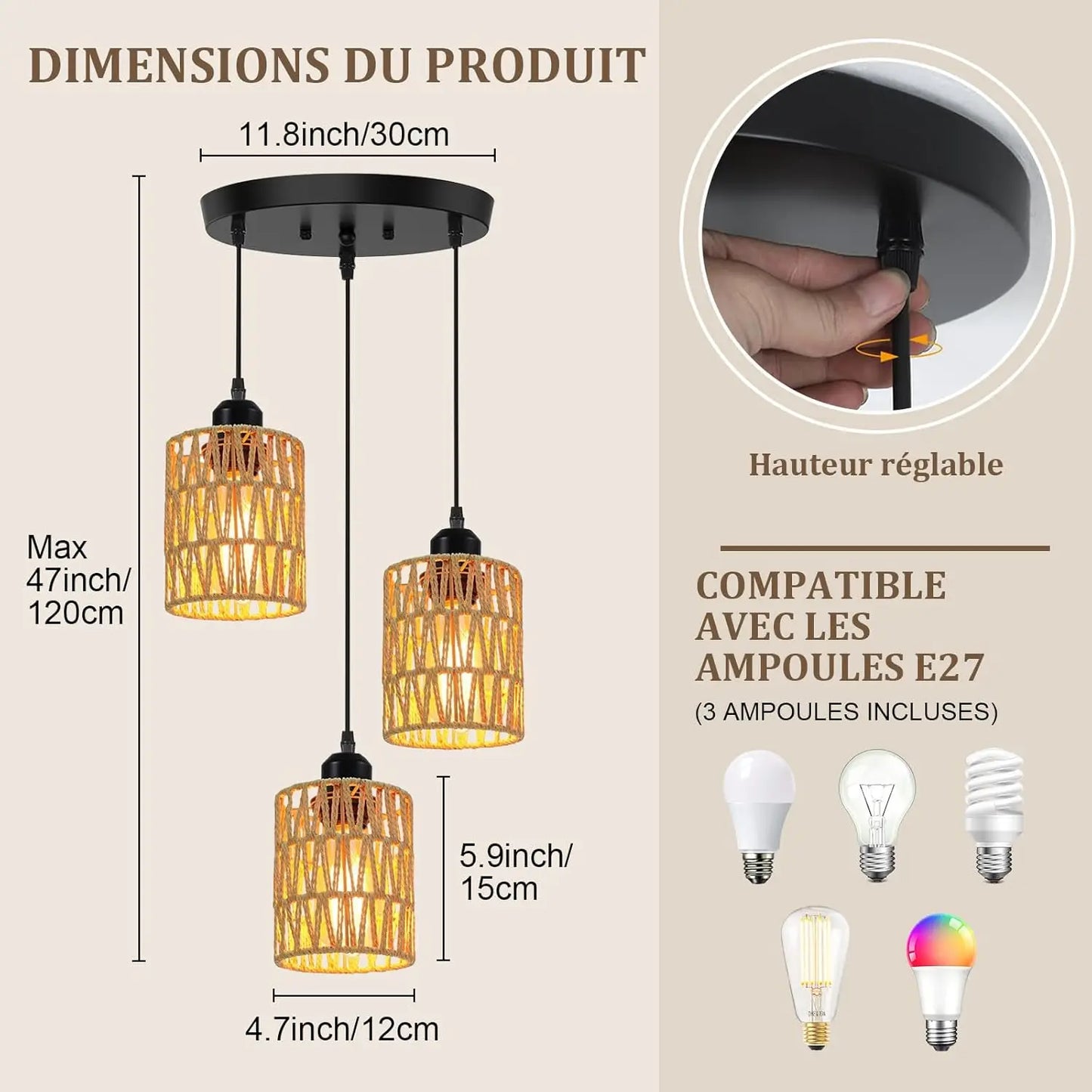 Retro Vine 3-Light Rattan Chandelier