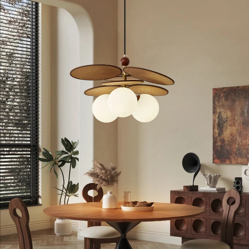 French Vintage Rattan Glass-Ball Pendant