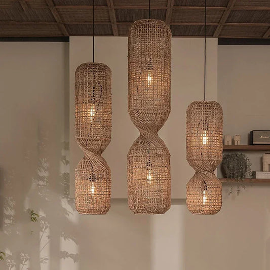 Cylindrical Vintage Rattan Chandelier