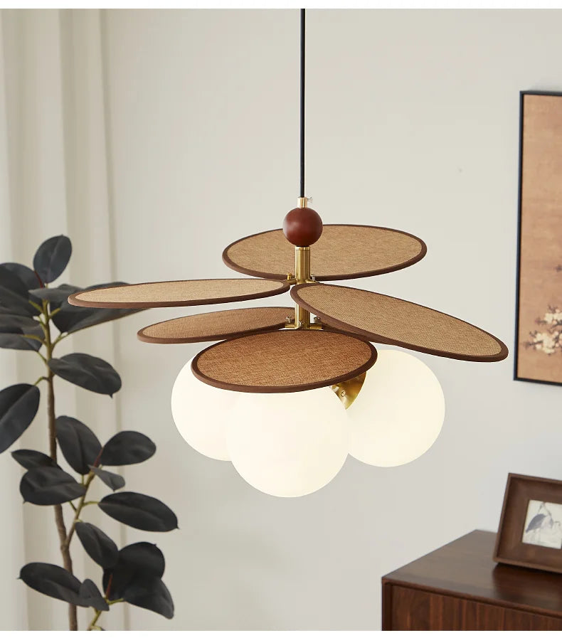 French Vintage Rattan Glass-Ball Pendant