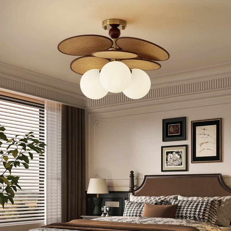 French Vintage Rattan Glass-Ball Pendant